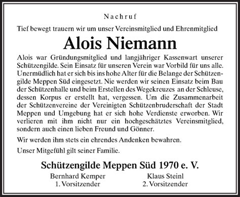 Traueranzeigen Von Alois Niemann Noz Trauerportal