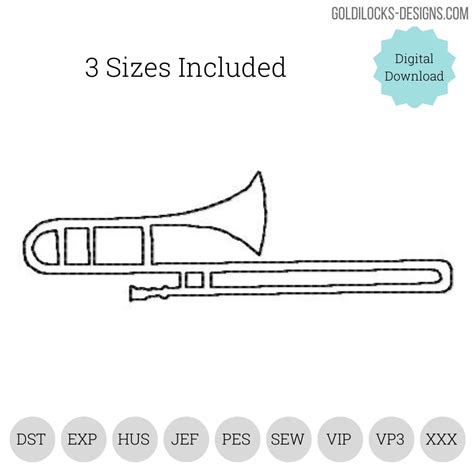 Trombone Band Instrument Outline Machine Embroidery Design Goldilocks