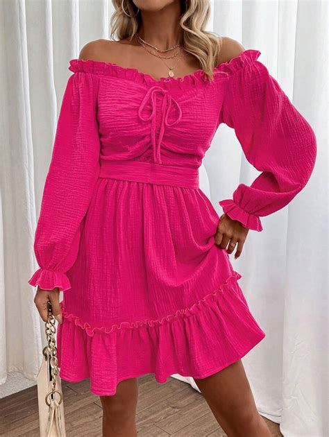 SHEIN VCAY Robe Col Bardot À Plis Manches Évasées À Volants Mode en