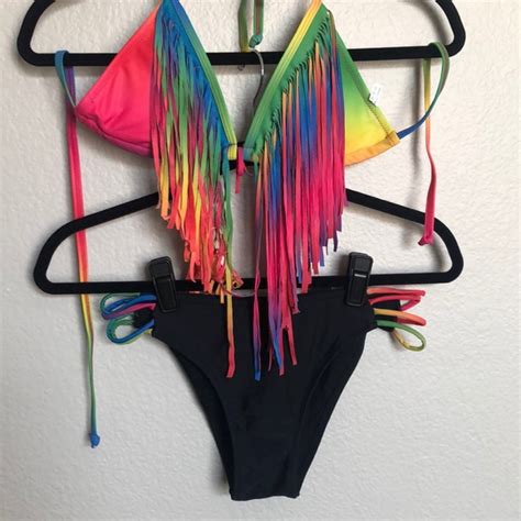 Swim Neon Rainbow Triangle Top String Bikini W Bottom Poshmark