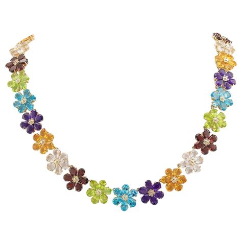 Multi Color Gemstones Flower Link Gold Necklace At Stdibs Gemstone