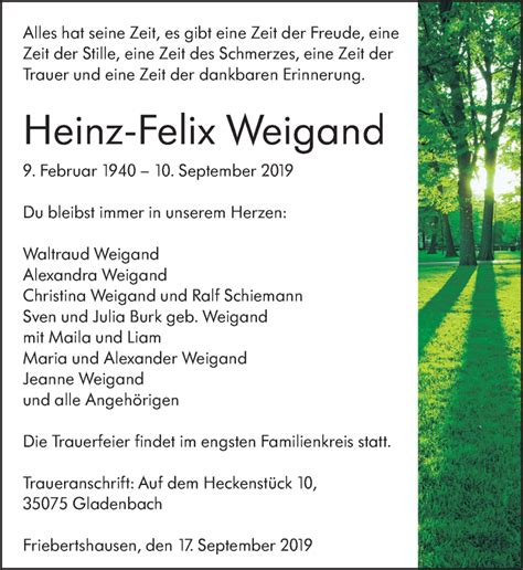 Traueranzeigen Von Heinz Felix Weigand Vrm Trauer De