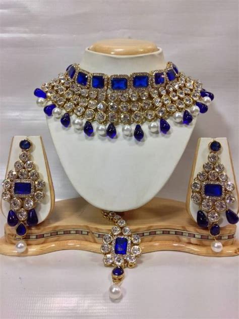 Crystal Studed Jewelry Set In Royal Blue With Pearls Mokanc 145910