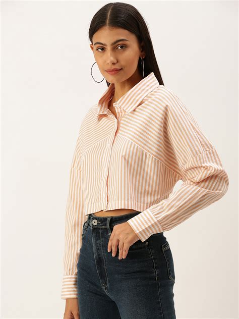 Buy Forever 21 Women Peach Coloured And White Multi Stripes Striped Casual Crop Shirt Shirts For