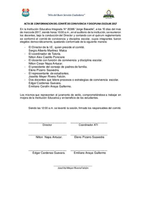 Acta De Conformación Del Comité De Convivencia Y Disciplina Escolar