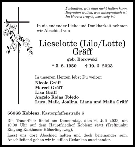 Traueranzeigen von Lieselotte Gräff rz trauer de