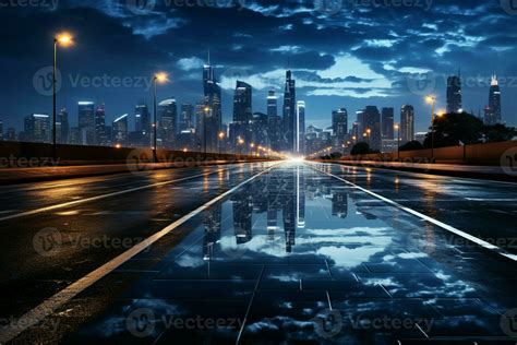 Nocturnal Journey Side View Asphalt Road Under City Lights In The Night