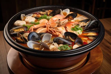 Sizzling Hot Pot Of Soup With Mussels And Other Seafood Cooked To Perfection Stock Illustration