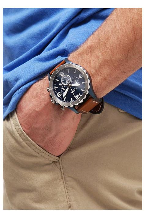 Fossil Nate Chronograph Navy Blue Dial Brown Leather Strap Watch For Men