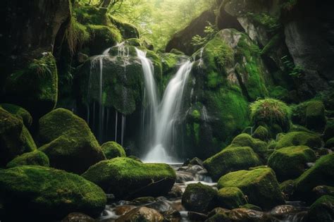 Una Cascada En Un Bosque Verde Con Rocas Cubiertas De Musgo Y Un Rbol