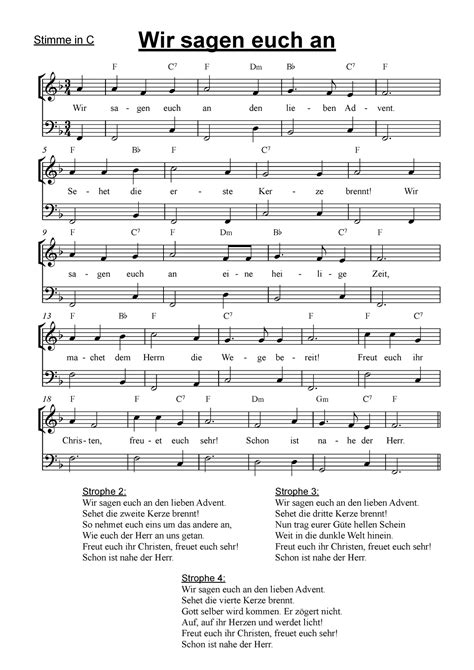 Wir sagen euch an den lieben Advent in C mit Bass - Stimme in C Wir sa