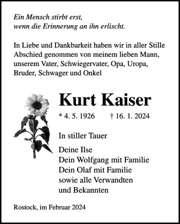 Traueranzeigen Von Kurt Kaiser Trauer Nordkurier