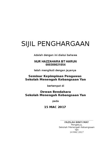 Sijil Kehadiran Kursus Pdf