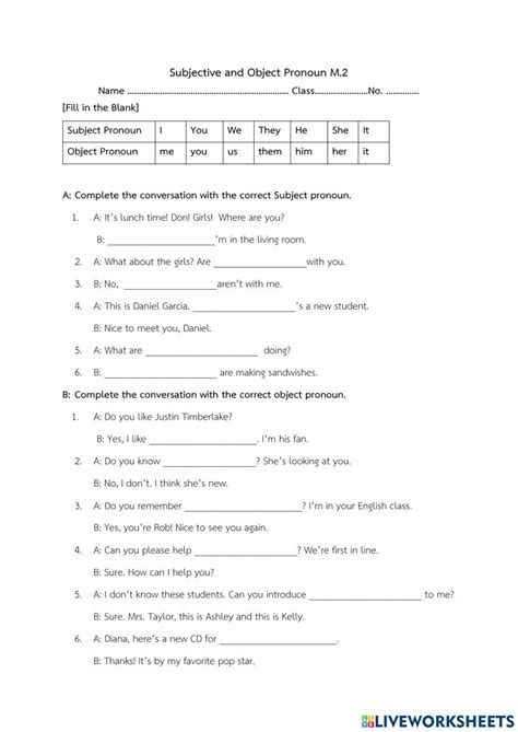 Subject And Object Pronoun Online Worksheet Live Worksheets