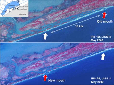 Satellite image representing new mouth construction in the Chilika ...