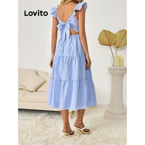 Lovito Casual Vestido Feminino Listrado Babados e Laço Traseiro