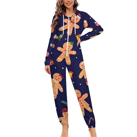 Gingerbread Man Hood Zipper One Piece Pajamas For Women 2xl