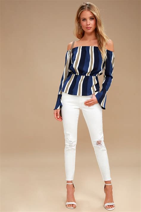 Cute Navy Blue Striped Top Off The Shoulder Top Lulus