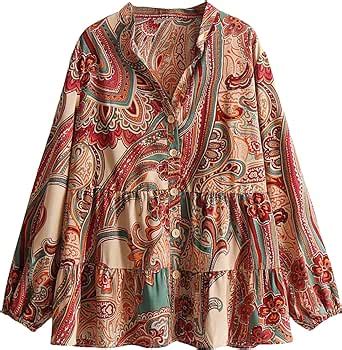 Soly Hux Women S Plus Size Paisley Print Blouse V Neck Bishop Long