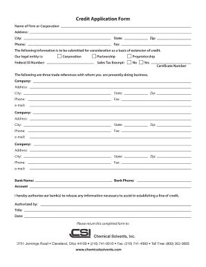 Fillable Online Credit Application Form CHEMICAL SOLVENTS INC Fax