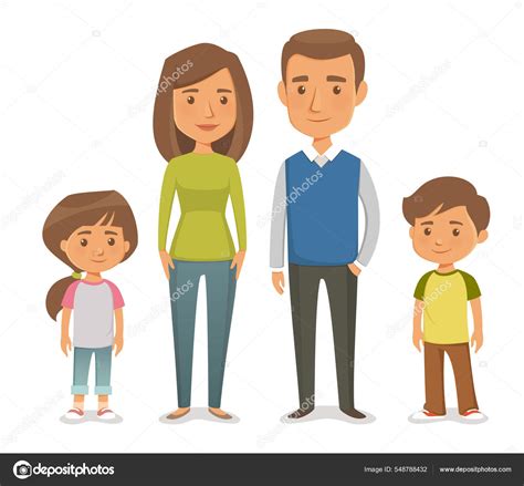 Familia Dibujos Animados Padres Hijos Joven Hombre Mujer Pareja Casada