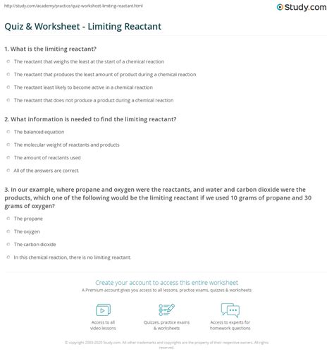 Quiz & Worksheet - Limiting Reactant | Study.com