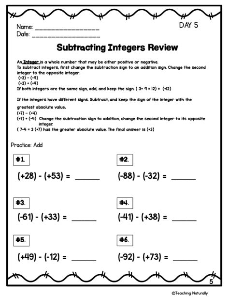 Subtracting Integers Math Practice Worksheets Made By Teachers