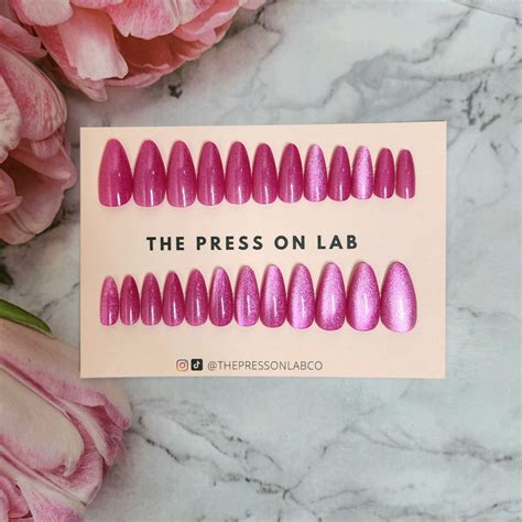 24 Pcs Almond Hot Pink Cat Eye Press On Nails Magnetic Reflective Pink Nails Press On Fake
