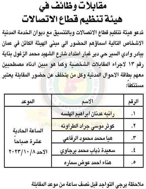 اعلان مقابلات شخصية صادر عن هيئة تنظيم قطاع الاتصالات بتاريخ 8102023