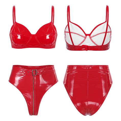 Womens Wet Look PVC Leather Lingerie Set Bra Top With High Waist Briefs Clubwear EBay