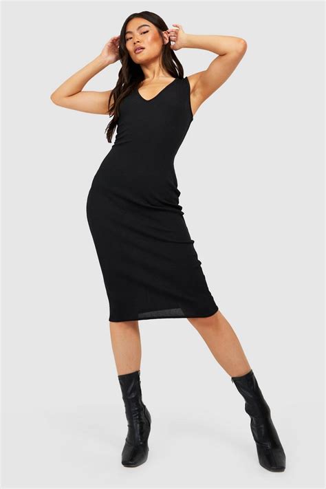 Ribbed Plunge Neck Midi Dress Boohoo Uk