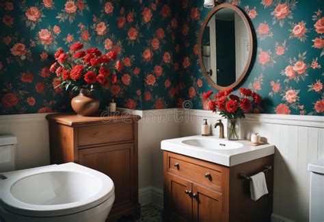 A Small Bathroom with a Dark Floral Wallpaper Stock Illustration ...