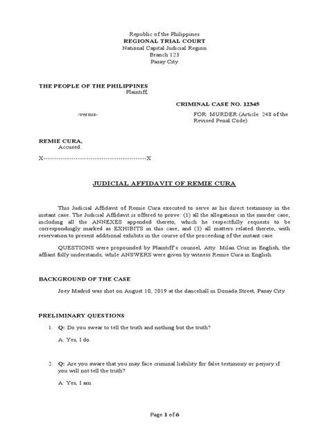 Judicial Affidavit Sample Pdf Affidavit Perjury