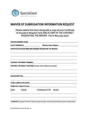 Waiver Of Subrogation Form - Fill Online, Printable, Fillable, Blank ...