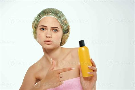 Woman With Pink Towel Nude Ringlets Cream Skin Care Light Background Stock Photo At