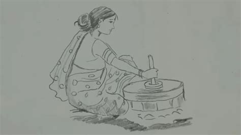 How To Draw A Village Women Grinding Grains Step By Step In Easy Way