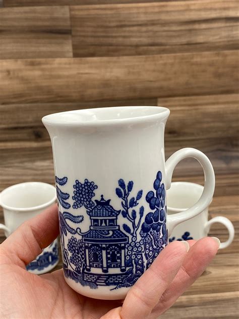 Vintage Blue Willow Mugs Earthenware Blue And White Coffee Cups Set