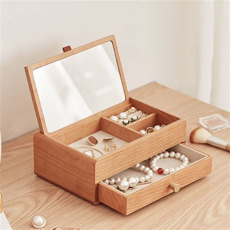 Simple Design Jewelry Box Cherry Wood Inside Lid Mirror ApolloBox