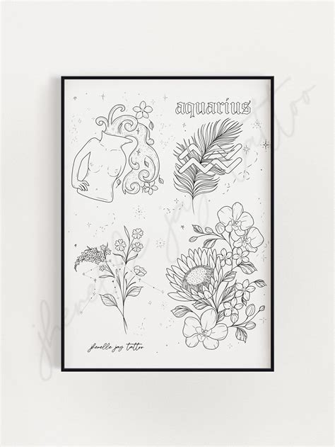 Aquarius Astrology Tattoo Flash Sheet Print Digital Etsy Astrology