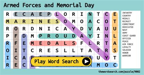 Armed Forces And Memorial Day Word Search
