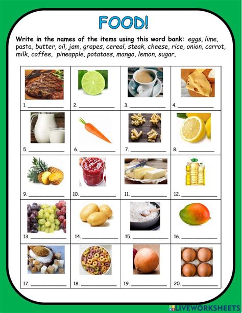 1173162 Food Vocabulary A2 Level Write In From Word