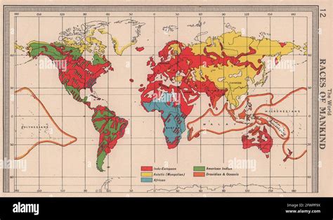 Mundo Razas de la humanidad BARTOLOMÉ 1949 antiguo mapa de la