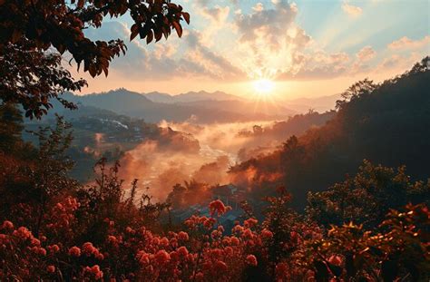 Um Sol Nascendo Sobre Algumas Nuvens E Florestas No Estilo De Gongbi