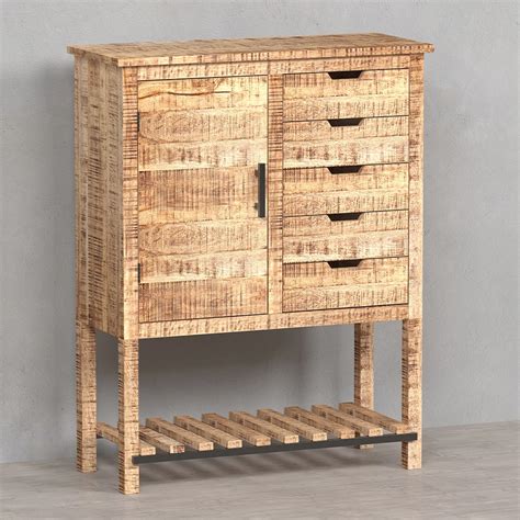 Rough Mango Finish Cabinet 5 Drawers 1 Door With Wooden Legs Mango Wood Sideboard For Living