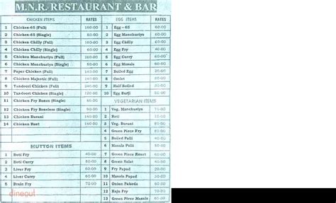 Menu Of Mnr Bar And Restaurant Yapral Hyderabad Dineout Discovery