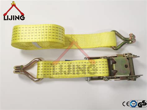 Mm Yellow Cargo Lashing Ratchet Tie Down Strap With Double J Hooks