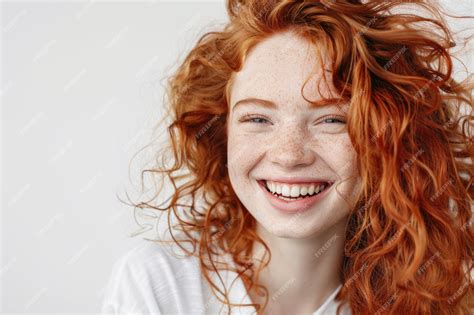 Premium Photo Cheerful Redhead Girl With Curly Hair Smiling For Portrait