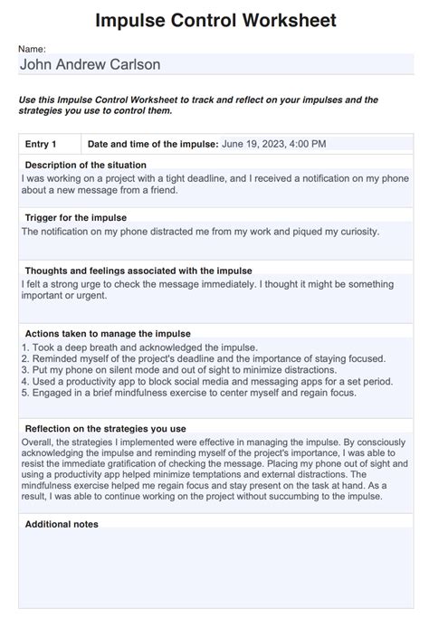 Impulse Control Worksheet & Example | Free PDF Download