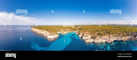 Spain Balearic Islands Menorca Aerial Panorama Of Cala Macarelleta