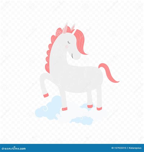 Cute Unicorn Closed Eyes Pink Mane Stand On Clouds Stock Vector